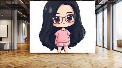 Cute cartoon girl with glasses and long black hair in pink shirt Wall mural