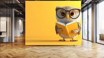 Cute cartoon owl with glasses reading a book on a yellow background Wall mural