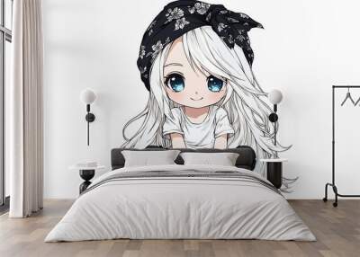 Cute chibi anime girl with white hair and blue eyes wearing bandana and casual clothes. Wall mural