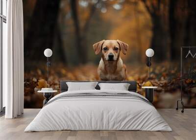 Cute dog sitting in autumn leaves with blurry forest background Wall mural