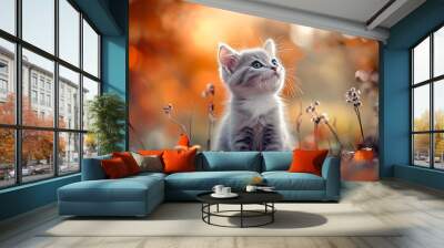 Cute grey kitten sitting in a field of wildflowers looking up at the sun. Wall mural