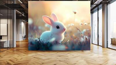 Cute white rabbit bunny sitting in a meadow at sunset, adorable animal, easter Wall mural