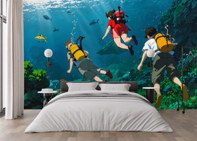 diving in sea anime digital art illustration painting wallpaper Wall mural