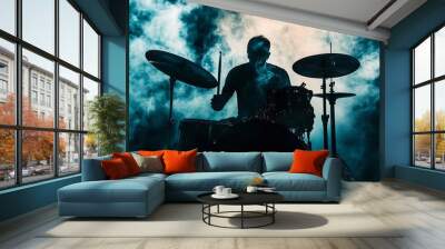 drummer sillhouette with smoke in action Wall mural