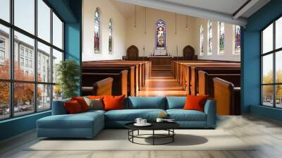 Empty Church Interior with Stained Glass Windows Wall mural