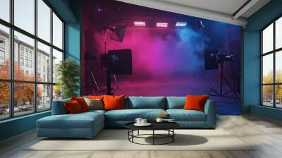 Empty Photography Studio with Colorful Lights, Smoke, and Equipment Wall mural