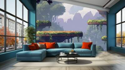 Fantasy Floating Islands with Grass, Vines, and Foggy Mountains Wall mural