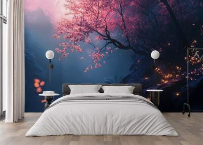 Fantasy forest with glowing flowers and a pink blossom tree in the mist Wall mural