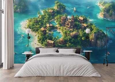 Fantasy Island with tropical beach, jungle, town, ships, and blue ocean, aerial view Wall mural