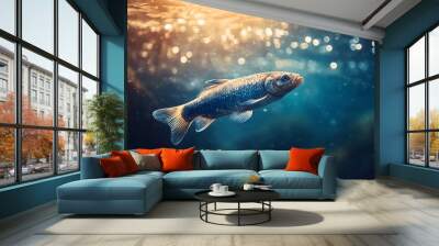 Fish Swimming Underwater with Sunbeams Shining Through Wall mural