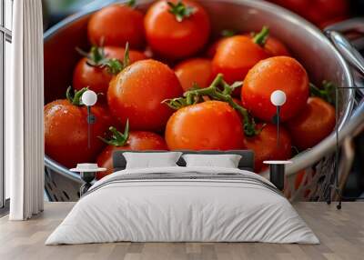 Fresh, ripe tomatoes in a metal colander Wall mural