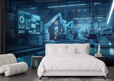 Futuristic automated factory with robotic arms and digital display Wall mural