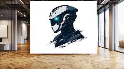 Futuristic cyborg robot head with blue glowing eyes and white helmet on white background Wall mural