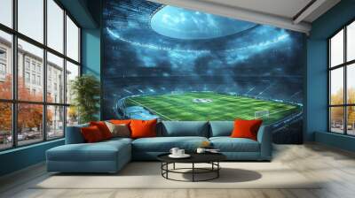 Futuristic Stadium with a glowing, blue dome and a green football field, abstract background illustration Wall mural