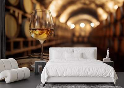 glass of white wine resting on a wooden wine barrel in the middle of a wine cellar Wall mural