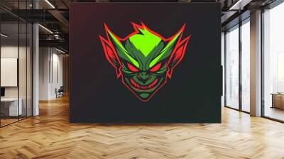 Green Goblin mascot with red eyes, cartoon illustration,  gaming logo design Wall mural