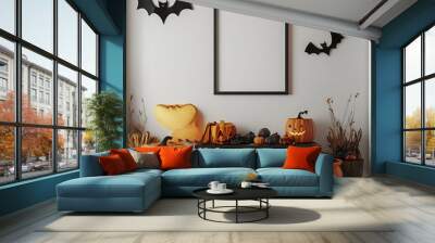 Halloween Decor Mockup,  Jack o' lantern pumpkins, bats, and a framed picture on a white wall Wall mural