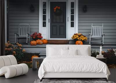 Halloween pumpkins jack o' lanterns, flowers and chairs on front porch, exterior home decor Wall mural