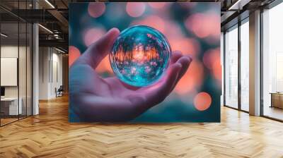 Hand holding a crystal ball with bokeh lights in the background. Magic, mystery, fortune telling concept Wall mural