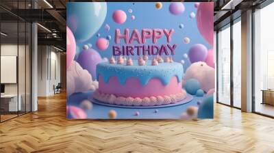 happy birthday background with ballons and cake Wall mural