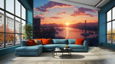 harbor view from balcony anime style Wall mural