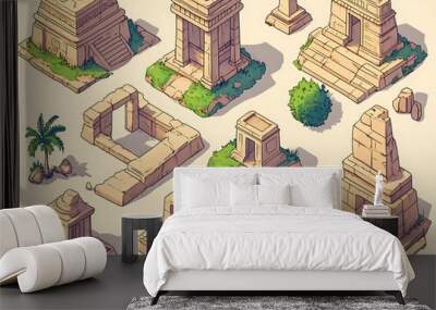 Isometric 2D Ancient Temple Ruins Game Assets Wall mural