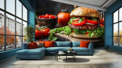 Juicy Cheeseburger with Lettuce, Tomato, and Onion on Wooden Cutting Board Wall mural