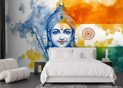 krishna god with indian flag background Wall mural