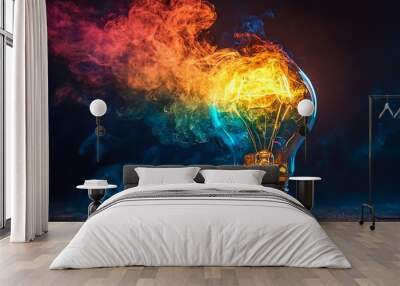 Lightbulb with colorful smoke, concept of creative ideas, innovation, and inspiration Wall mural