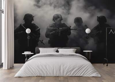 military squad sillhouette with smoke Wall mural