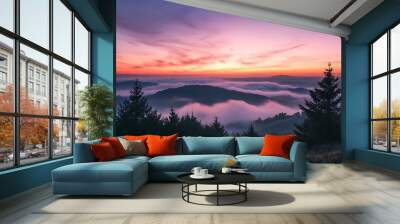 Misty mountain landscape with pink and purple sunset sky, nature photography Wall mural