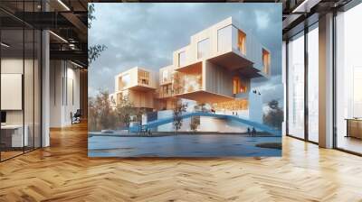 Modern architecture design with floating cubes and a bridge, 3D illustration Wall mural