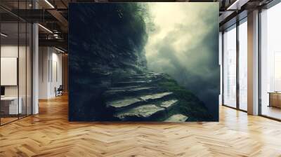 Mysterious Stone Steps Leading into Foggy Mountain Pass. Fantasy Adventure Concept Art Wall mural