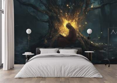 Mystical woman reading book in forest with glowing tree and fireflies. Concept of magic, fantasy, mystery, and nature. Wall mural