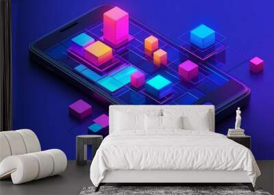 Neon Cubes Abstract Digital Technology on Smartphone Screen Wall mural