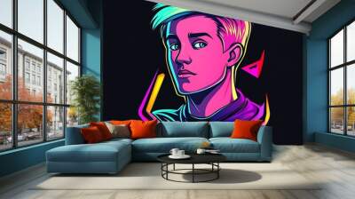 Neon portrait of a young man with colorful hair and a serious expression Wall mural