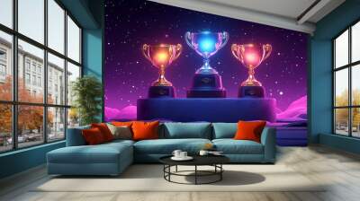 Neon Trophy Awards on Podium with Starry Sky Background Wall mural