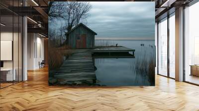 Old wooden cabin on a lake with a wooden dock, moody winter day Wall mural