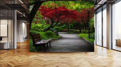 Pathway through lush green park with red maple trees and wooden benches. Concept of relaxation, tranquility, nature, and peace Wall mural