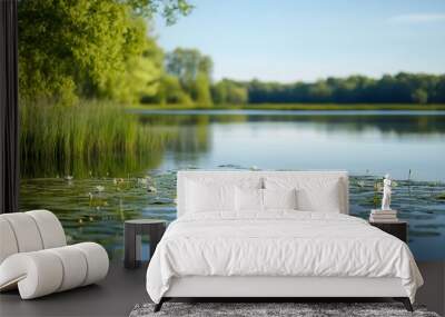 Peaceful lake with lily pads, calm water, and green trees on the horizon, Tranquil nature scene Wall mural