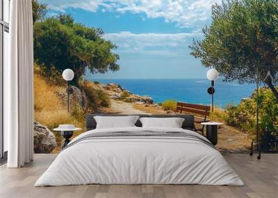 Scenic view of a path leading to a bench overlooking the ocean with clear blue water and sky Wall mural