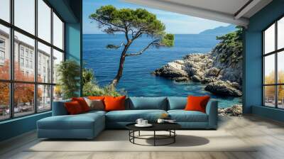 Seascape with lone pine tree and clear blue water, serene coastline landscape Wall mural