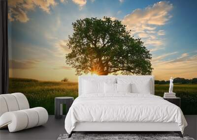 Silhouette of a Tree at Sunset in a Field Wall mural