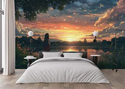 Silhouette of a woman gazing at breathtaking sunset over a lake, surrounded by lush nature Wall mural