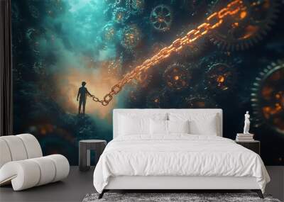 Silhouette of man holding chain in mystical abstract background of gears and light Wall mural