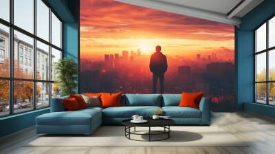 Silhouette of man looking at city skyline during sunrise Wall mural