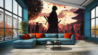 Silhouette of Samurai Warrior with Two Swords in a Field of Cherry Blossoms During Sunset Wall mural