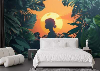 Silhouette of woman in jungle at sunset with tropical plants.  Concept of nature, adventure, exploration, and freedom Wall mural