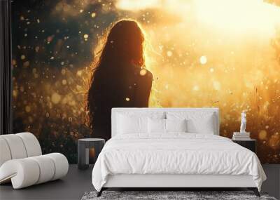 Silhouette of woman meditating in the golden light of sunset.  Spiritual, mindfulness, peace and tranquility, inspiration, nature, hope, dream concept. Wall mural