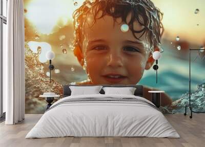 Smiling boy with wet hair swimming in a pool on a sunny day Wall mural